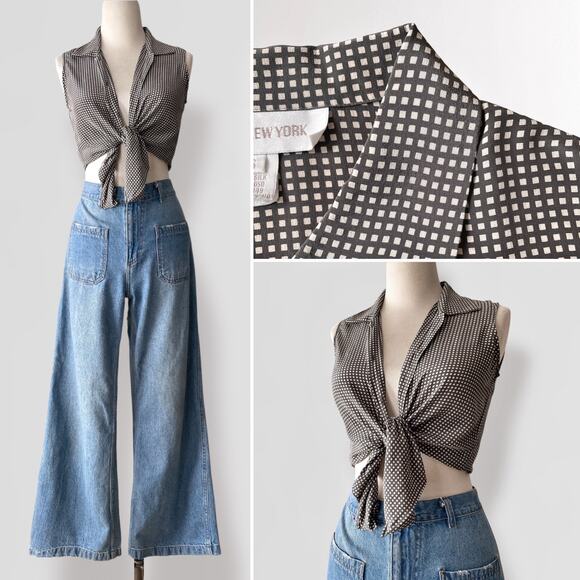 Vintage 100% Silk Check Sleeveless Shirt 6 Gray Minimalist Clean Girl Coastal - Picture 1 of 9